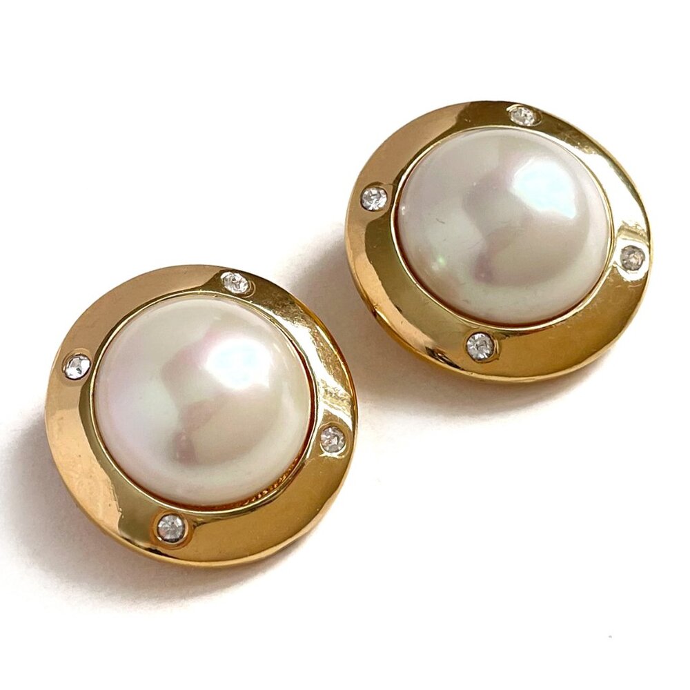 CHRISTIAN DIOR Vintage 80s 90s Gold Tone & Faux Pearl Statement Clip-On Earrings